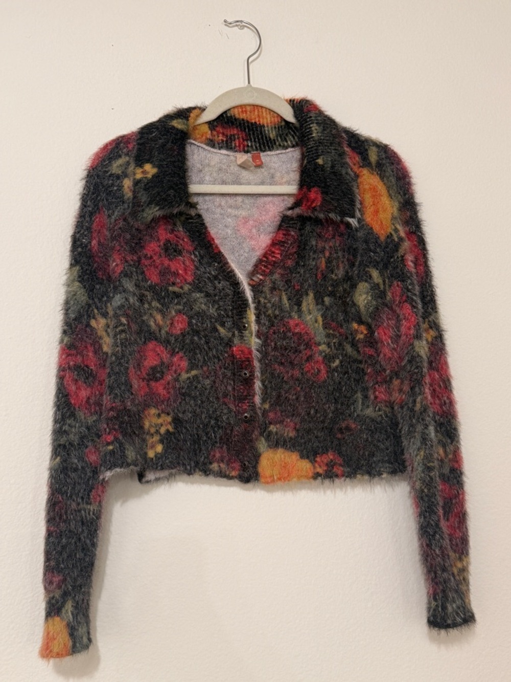 Pilcro & Anthropologie Floral Fuzzy Cropped Cardigan in Charcoal, Pink, Yellow